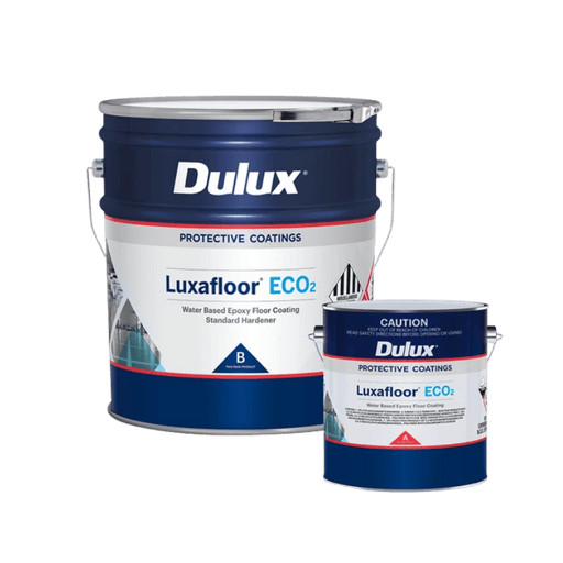 Two containers of Dulux Luxafloor ECO2 epoxy floor coatings