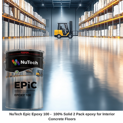 NuTech Epic Epoxy 100 container in a warehouse with a forklift.