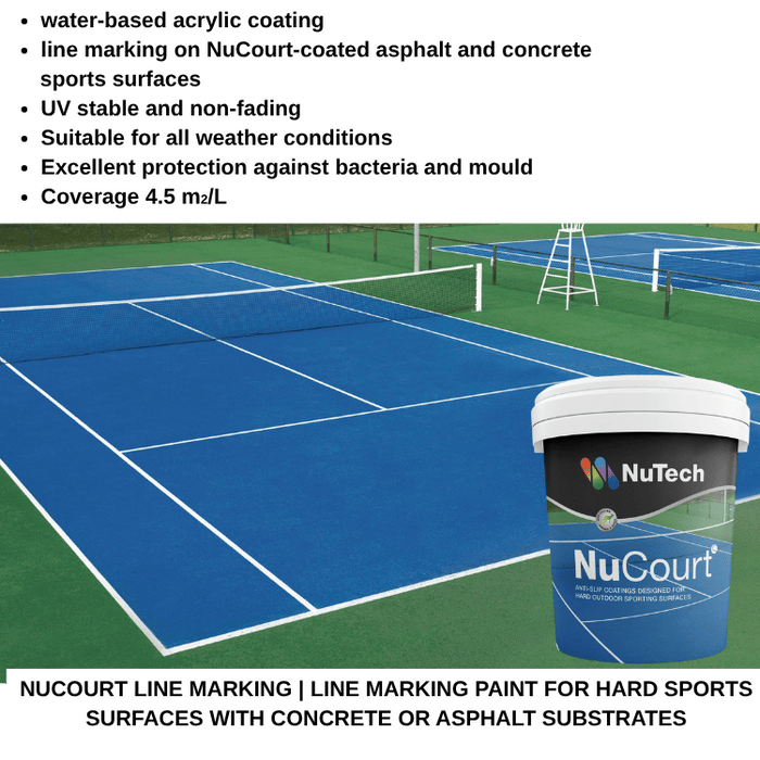 NuTech Nucourt line marking paint for hard sports surfaces with a blue tennis court and paint can.