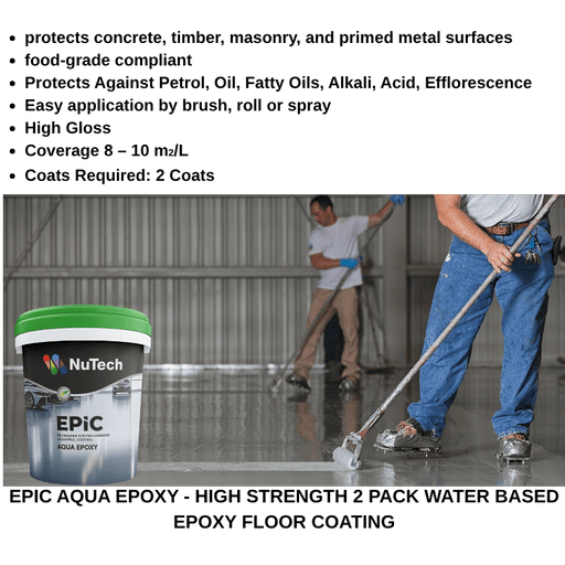 NuTech EPIC Aqua Epoxy floor coating with workers applying it on a concrete surface.