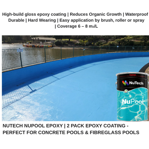 Nutech NuPool epoxy coating on a pool with product packaging displayed.
