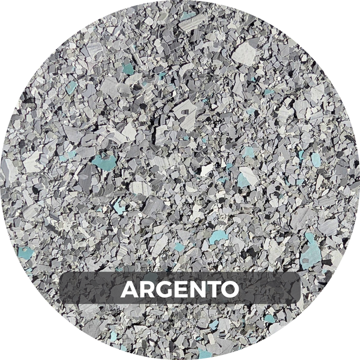 Round sample of 'Argento' epoxy flooring flake by Elite Flakes with a speckled pattern on a white background