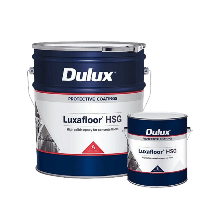 Two cans of Dulux Luxafloor HSG protective coatings 