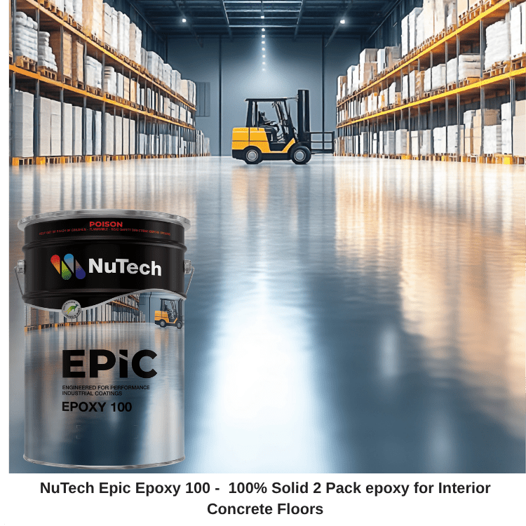 NuTech Epic Epoxy 100 container in a warehouse with a forklift.