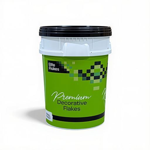 Green bucket labeled 'Elite Flakes Premium Decorative Flakes' on a white background
