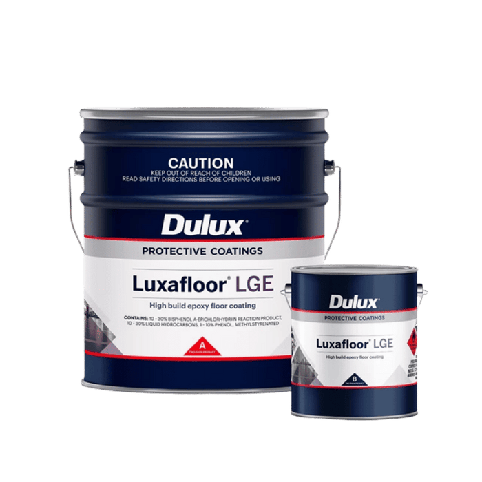 Two cans of Dulux Luxafloor LGE protective coatings 