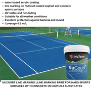 NuTech Nucourt line marking paint for hard sports surfaces with a blue tennis court and paint can.