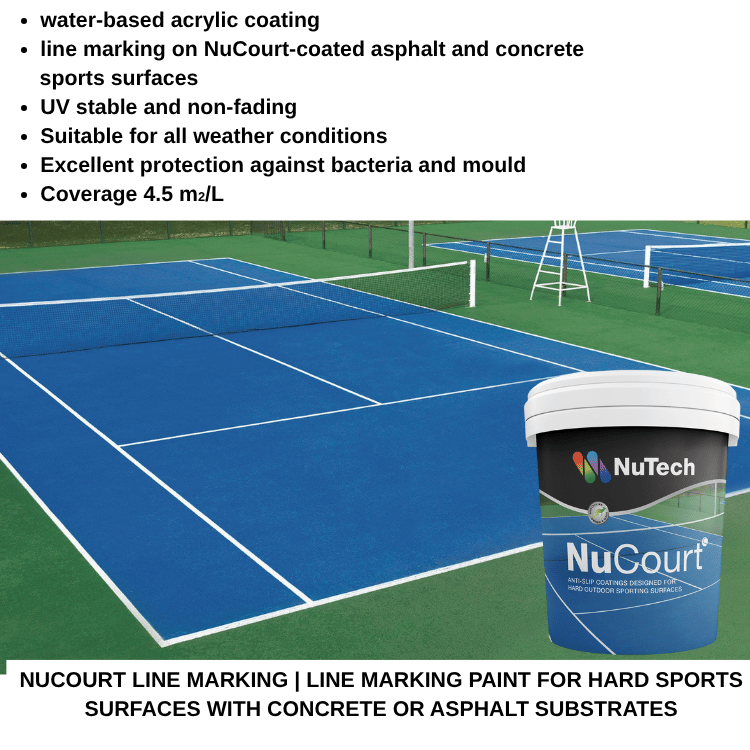 NuTech Nucourt line marking paint for hard sports surfaces with a blue tennis court and paint can.