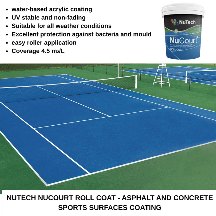 Nutech Nucourt roll coat on a sports surface with product container and tennis court details.