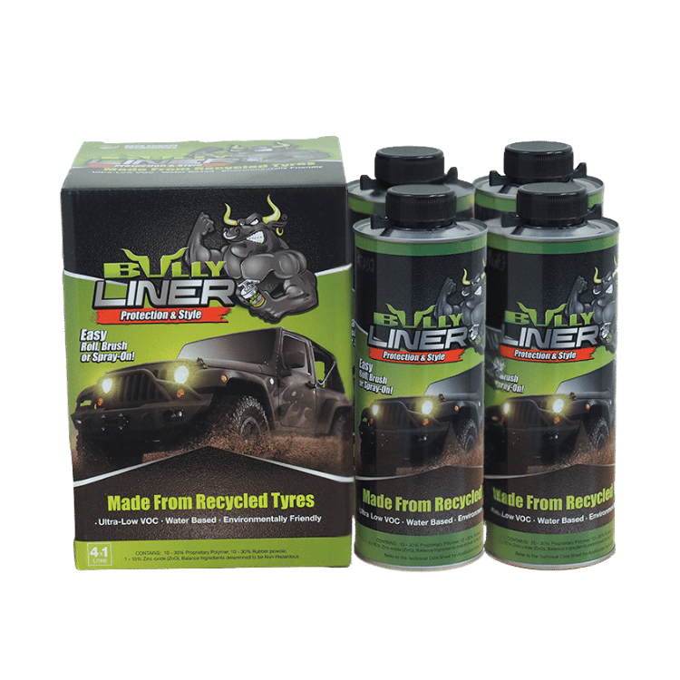 Bully Liner product packaging and bottles on a green background