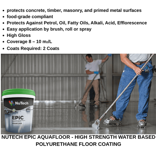 NuTech EPIC Aquafloor high strength water-based polyurethane floor coating with workers applying it.