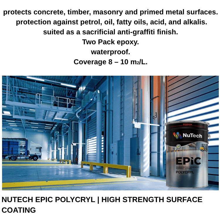 NuTech Epic Polycryl high strength surface coating can with warehouse background