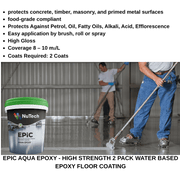 NuTech EPIC Aqua Epoxy floor coating with workers applying it on a concrete surface.