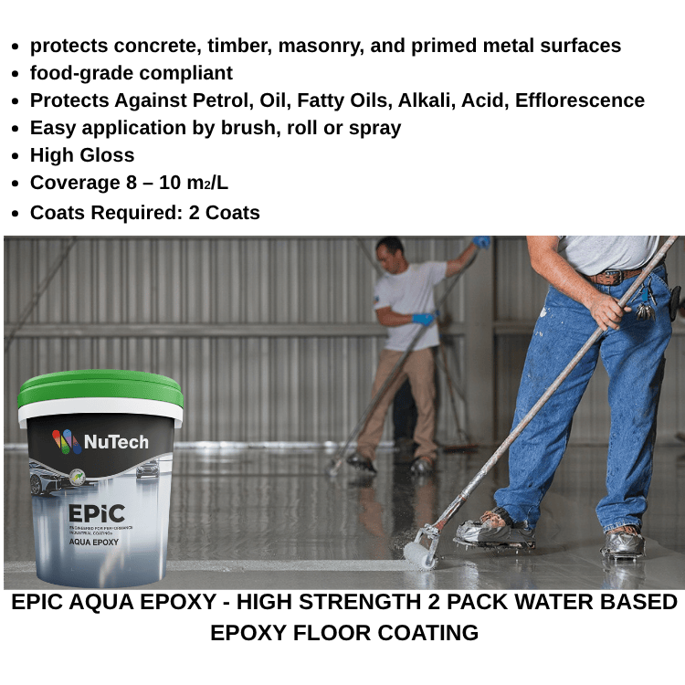 NuTech EPIC Aqua Epoxy floor coating with workers applying it on a concrete surface.