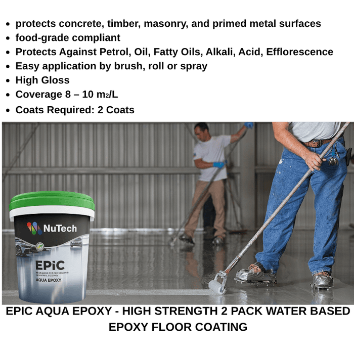 NuTech EPIC Aqua Epoxy floor coating with workers applying it on a concrete surface.