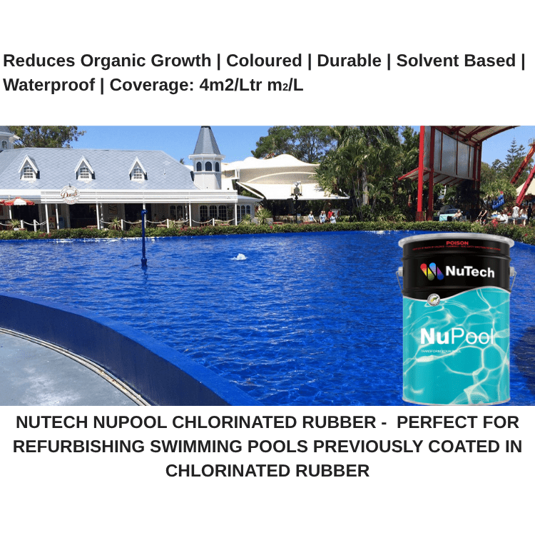 NuTech NuPool chlorinated rubber for swimming pool refurbishment with a pool and building in the background.
