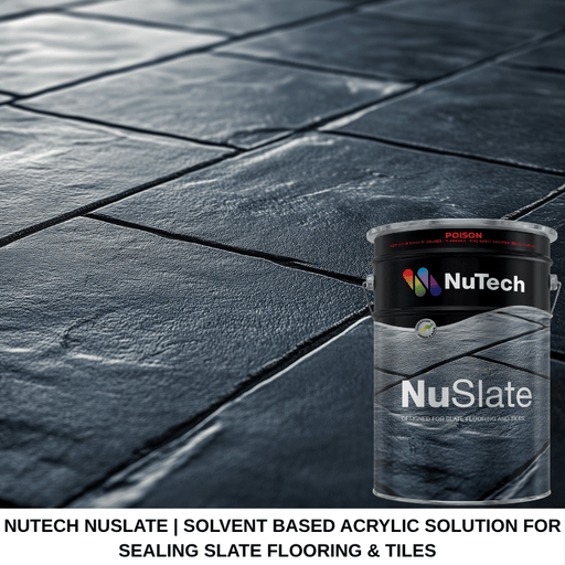 NuTech NuSlate can on a slate flooring background with product details.