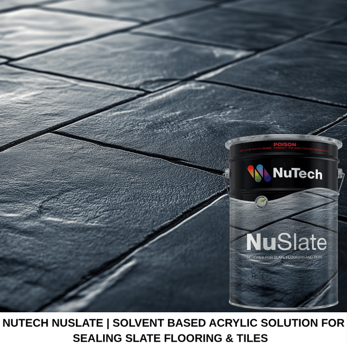 NuTech NuSlate can on a slate flooring background with product details.