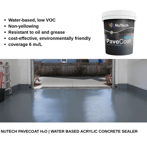 NuTech PaveCoat H2O water-based acrylic concrete sealer with product details on a garage floor.