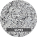Round sample of SILVEX epoxy flooring flake by Elite Flakes material with a speckled gray pattern