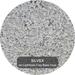 Round color swatch of epoxy flake labeled 'SILVEX on Lightbox Grey Base Coat' with a textured gray pattern.
