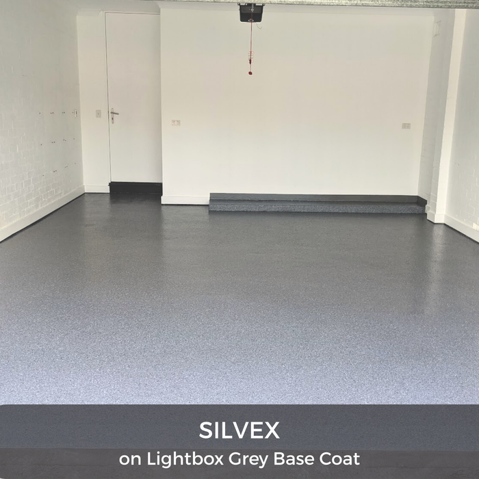 Garage floor with SILVEX coating on a lightbox grey base coat