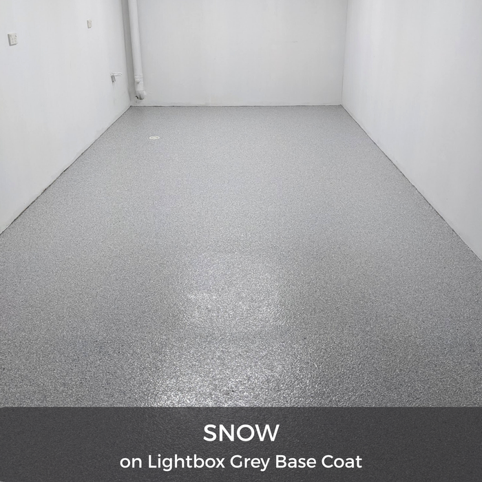 Snow epoxy flakes application on lightbox grey base coat