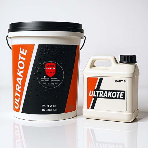 Ultrakote epoxy paint tow pack kit with a large white bucket and smaller container on a white background