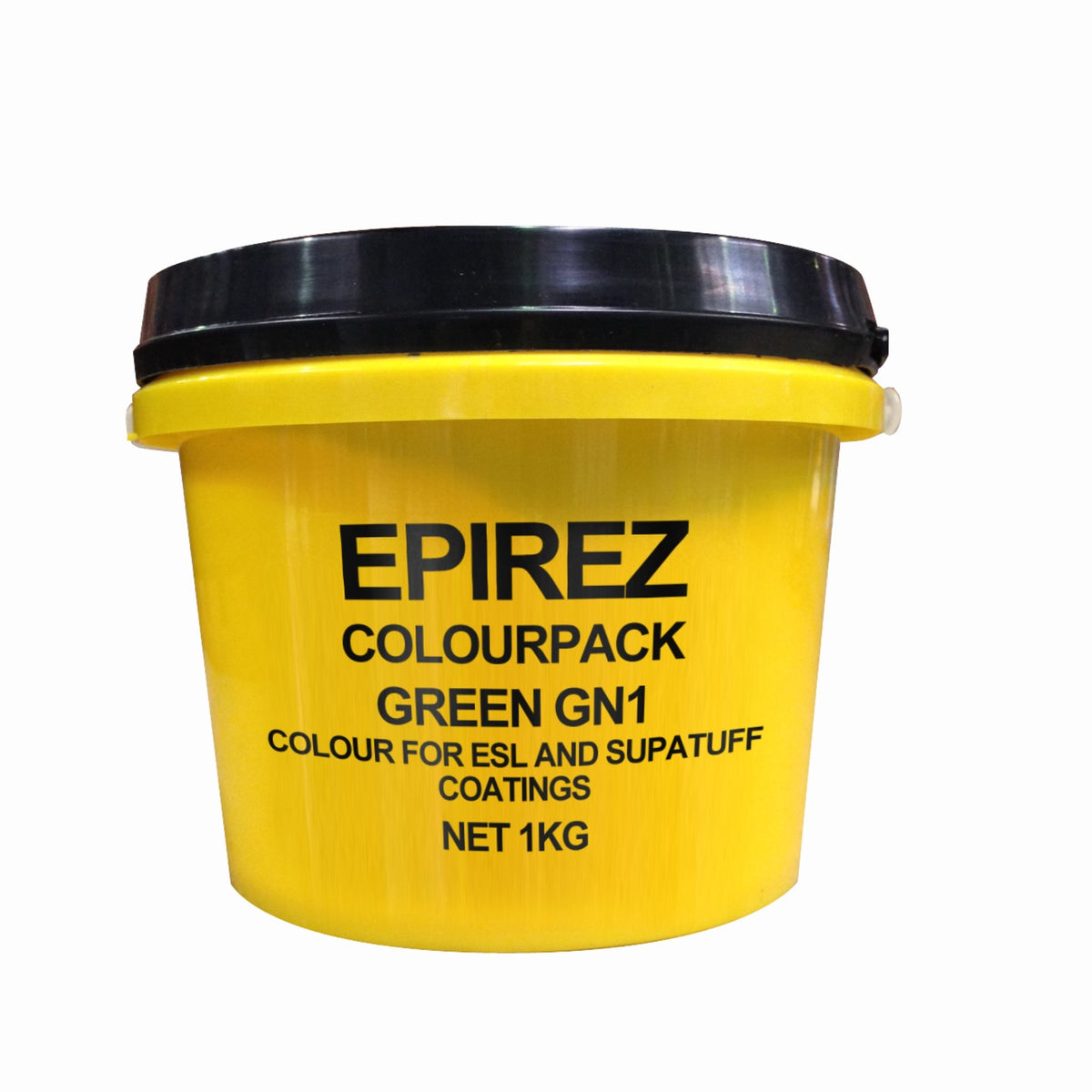 A bright yellow plastic bucket of EPIREZ Colourpack Green GN1 coating, featuring a black lid and black printed text on the front, set against a plain white background.